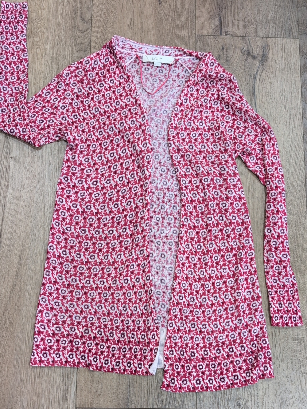 LOFT Rose Red Floral Open-Front Cardigan